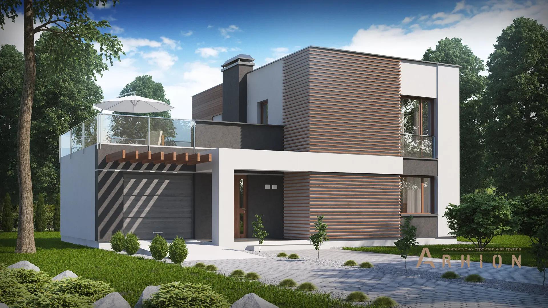 1. Проект двухэтажного дома в стиле хай-тек с плоской кровлей , Zx41 v1, площадью - 134 кв c терассой, гаражом